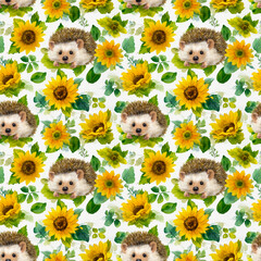Hedgehog and sunflower pattern: An adorable pattern design of happy hedgehog, surrounded by cheerful yellow sunflower. a blend of floral design and animal