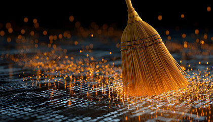 Broom sweeps digital data, cleaning floor with binary code. Concept of tech cleanup, system maintenance, and virus removal in cyberspace. Bright sparks suggest innovation and data security solutions