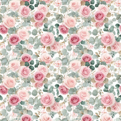 Floral Delight: An exquisite watercolor pattern blooms with delicate roses, artfully intertwined with lush greenery, creating a seamless repeat perfect for elegance.