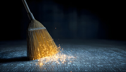Broom sweeps digital data, cleaning floor with binary code. Concept of tech cleanup, system maintenance, and virus removal in cyberspace. Bright sparks suggest innovation and data security solutions