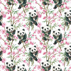 Panda Delight: A charming pattern of playful pandas, amidst a delicate display of pink cherry blossoms. A harmonious blend of nature's beauty and the playful charm of pandas.
