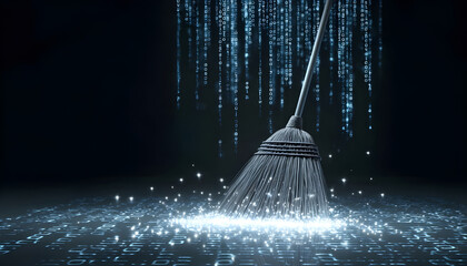 Broom sweeps digital data, cleaning floor with binary code. Concept of tech cleanup, system maintenance, and virus removal in cyberspace. Bright sparks suggest innovation and data security solutions