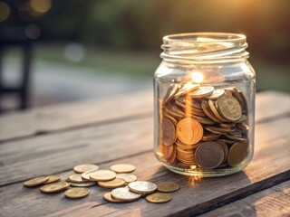 Collecting wealth glass jar overflowing with golden coins illuminated by soft light symbolizing financial security and saving strategies outdoor setting captured from a close-up angle