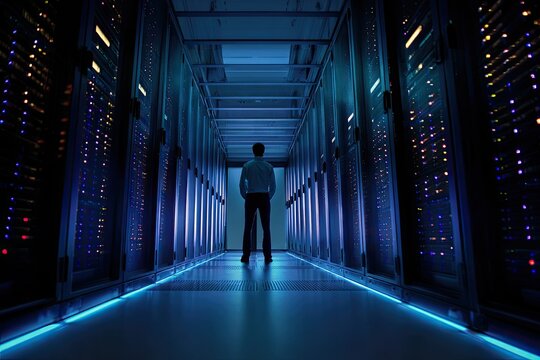 Technician surveys data center servers at night