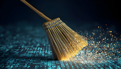 Broom sweeps digital data, cleaning floor with binary code. Concept of tech cleanup, system maintenance, and virus removal in cyberspace. Bright sparks suggest innovation and data security solutions