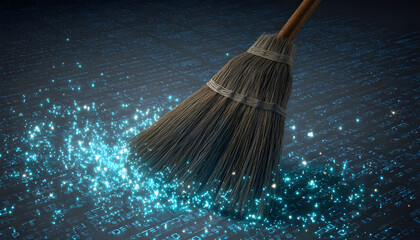 Broom sweeps digital data, cleaning floor with binary code. Concept of tech cleanup, system maintenance, and virus removal in cyberspace. Bright sparks suggest innovation and data security solutions