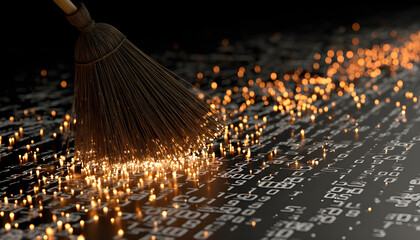 Broom sweeps digital data, cleaning floor with binary code. Concept of tech cleanup, system maintenance, and virus removal in cyberspace. Bright sparks suggest innovation and data security solutions