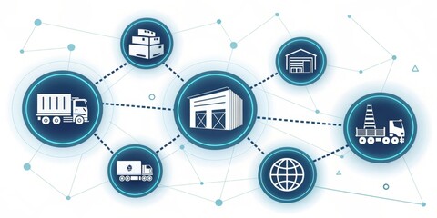 Connecting glowing holographic trucks ships and warehouse icons in a digital landscape for supply chain management and logistics