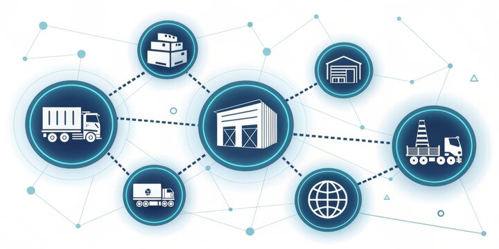 Connecting glowing holographic trucks ships and warehouse icons in a digital landscape for supply chain management and logistics - Powered by Adobe