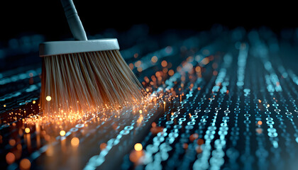 Broom sweeps digital data, cleaning floor with binary code. Concept of tech cleanup, system maintenance, and virus removal in cyberspace. Bright sparks suggest innovation and data security solutions