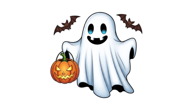 Friendly Ghost with Jack-o'-lantern in Halloween Scene isolated on transparent background
