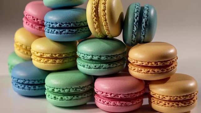 Colorful stacked macarons create a sweet and delightful dessert display