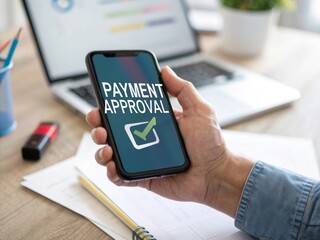 Hand holding smartphone showing online payment approval on blurred office desk with laptop in modern workspace