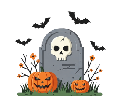Halloween Pumpkins and Gravestone Scene, isolated on transparent background