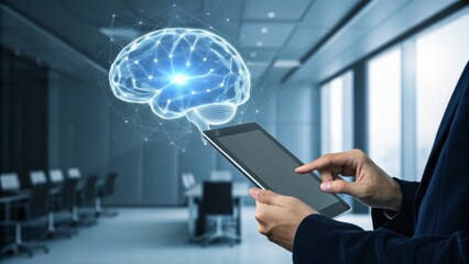 Hand interacting with tablet displaying holographic brain symbolizing ai learning in a futuristic office environment