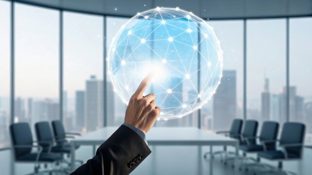 Hand reaching toward glowing holographic digital globe with network lines in a futuristic office setting high-tech interaction business environment engaging concept