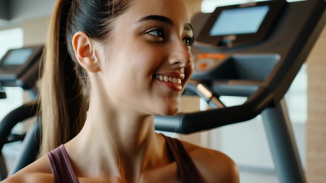 Healthy Glow: A radiant woman, exuding vitality and confidence, smiles brightly as she takes a moment's respite in the health club setting. captured her youthful energy.