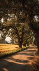 Fototapeta premium Road framed by large trees, leading to fields on a sunny day