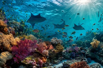 Fototapeta premium Oceanic Symphony: Dive into an underwater realm, where graceful rays glide through the turquoise waters above a vibrant coral reef, teeming with marine life. A breathtaking display of aquatic wonder.