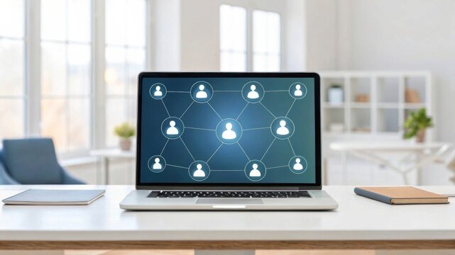 Connecting holographic avatars on laptop screen home office digital network visualization remote collaboration environment aerial view symbolizing teamwork in digital age