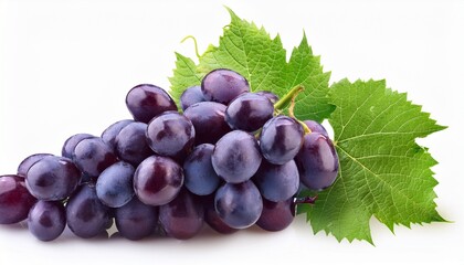 Fototapeta premium Fresh Juicy Dark Purple Grape Cluster With Green Leaf Isolated On White Background