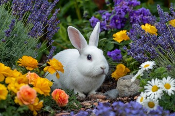 Fototapeta premium Enchanting Bunny in a Floral Paradise: A pristine white bunny, with alert ears and gentle eyes, finds itself nestled in a vibrant garden adorned with colorful blooms.