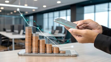 Showcasing smartphone innovation digital workspace holographic coin growth visualization modern office environment futuristic financial technology concept