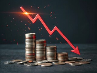 Financial crisis unfolding collapsing coins and glowing red arrow illustrating economic recession in dark environment
