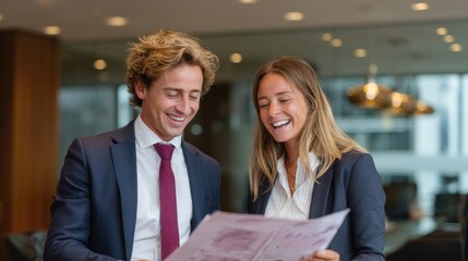 Two smiling business colleagues in suits review documents together discussing a project in a modern office setting