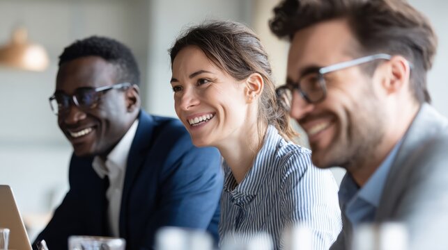 Diverse group of smiling business colleagues happy and engaged in a meeting teamwork and collaboration in a modern office environment