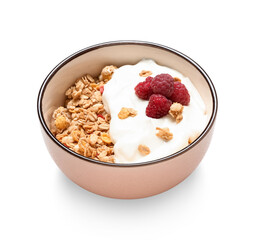Bowl of tasty granola with yogurt on white background