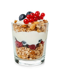 Glass of tasty granola with yogurt on white background, closeup