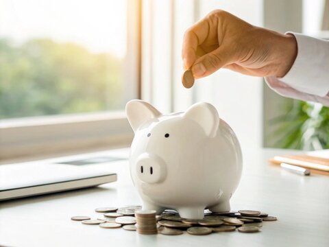 Dropping coin into white piggy bank on office desk surrounded by scattered coins in bright natural light