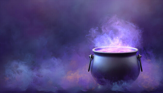 A purple cauldron with smoke and glowing liquid inside, on a halloween background