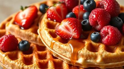 Golden Waffles with Fresh Berries for Breakfast Menus and Social Media Posts