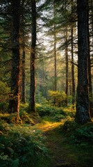 Obraz premium Sunlight streams through a forest, illuminating a path & lush greenery