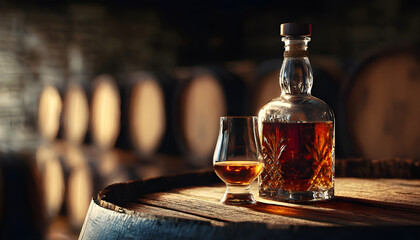 Full liquor bottle sits on wooden barrel next to glass with amber spirit. Warm inviting mood enhances aged whiskey, cognac, or bourbon in distillery cellar with rows of oak aging barrels