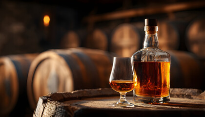 Full liquor bottle sits on wooden barrel next to glass with amber spirit. Warm inviting mood enhances aged whiskey, cognac, or bourbon in distillery cellar with rows of oak aging barrels