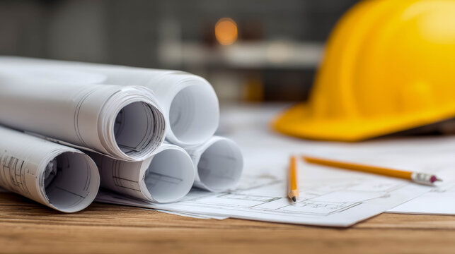 Rolled architectural blueprints placed on a wooden table alongside a yellow hard hat and pencil, creating a workspace atmosphere