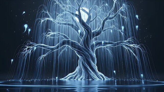 A magical and spiritual weeping tree of souls glowing under a full moon at night.