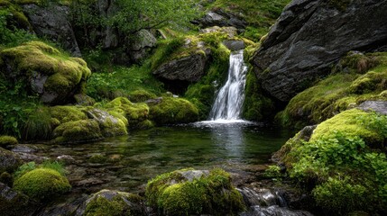 Fototapeta premium Small waterfall cascading into a clear pool surrounded by mossy rocks and lush greenery