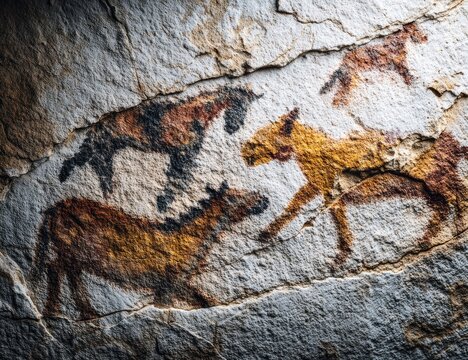 Cave wall ancient horse painting, prehistoric art, textured background