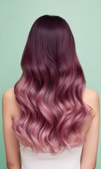 Naklejka premium A woman with long, wavy hair in a smooth purple to pink ombre hairstyle