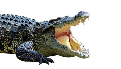 Fototapeta premium A large crocodile with an open mouth, showcasing its sharp teeth, against a plain white background.