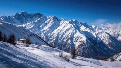 Snowy mountain chalet winter landscape, alps, scenic background, travel poster