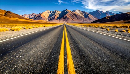 A vast, paved highway stretches into a landscape of dramatic mountains, bathed in warm sunlight, under a vibrant blue sky.