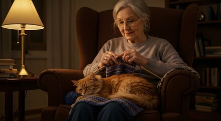 Elderly woman with calm mood knitting beside a sleeping ginger cat in cozy home interior