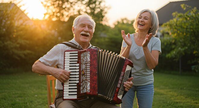 Elderly man with joyful mood playing accordion while elderly woman claps against garden sunset backdrop