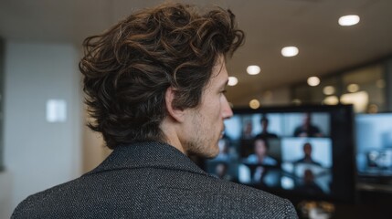 Businessman in video conference call Modern office setting Professional communication Remote work concept High quality photo