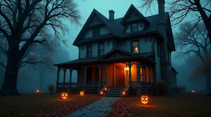 Haunted House with Pumpkins Halloween Night Atmosphere